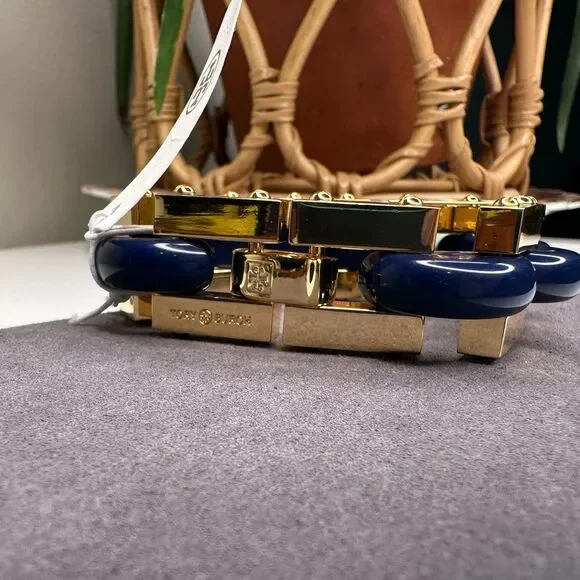 Tory Burch Logo Link Chunky Bangle Bracelet Blue Gold Enamel Chain NWT MSRP $299 - Picture 4 of 10